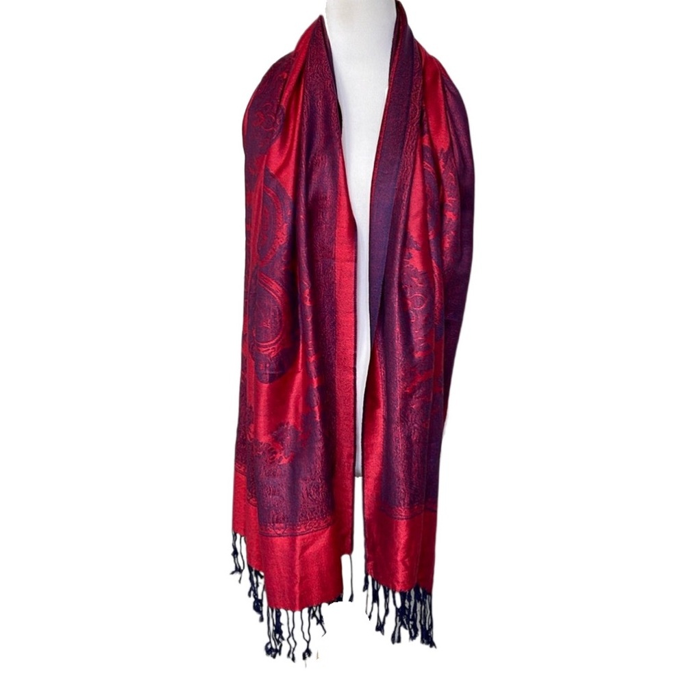 Blue Pacific Red and Blue Purple Pashmina Damask Fringe Scarf